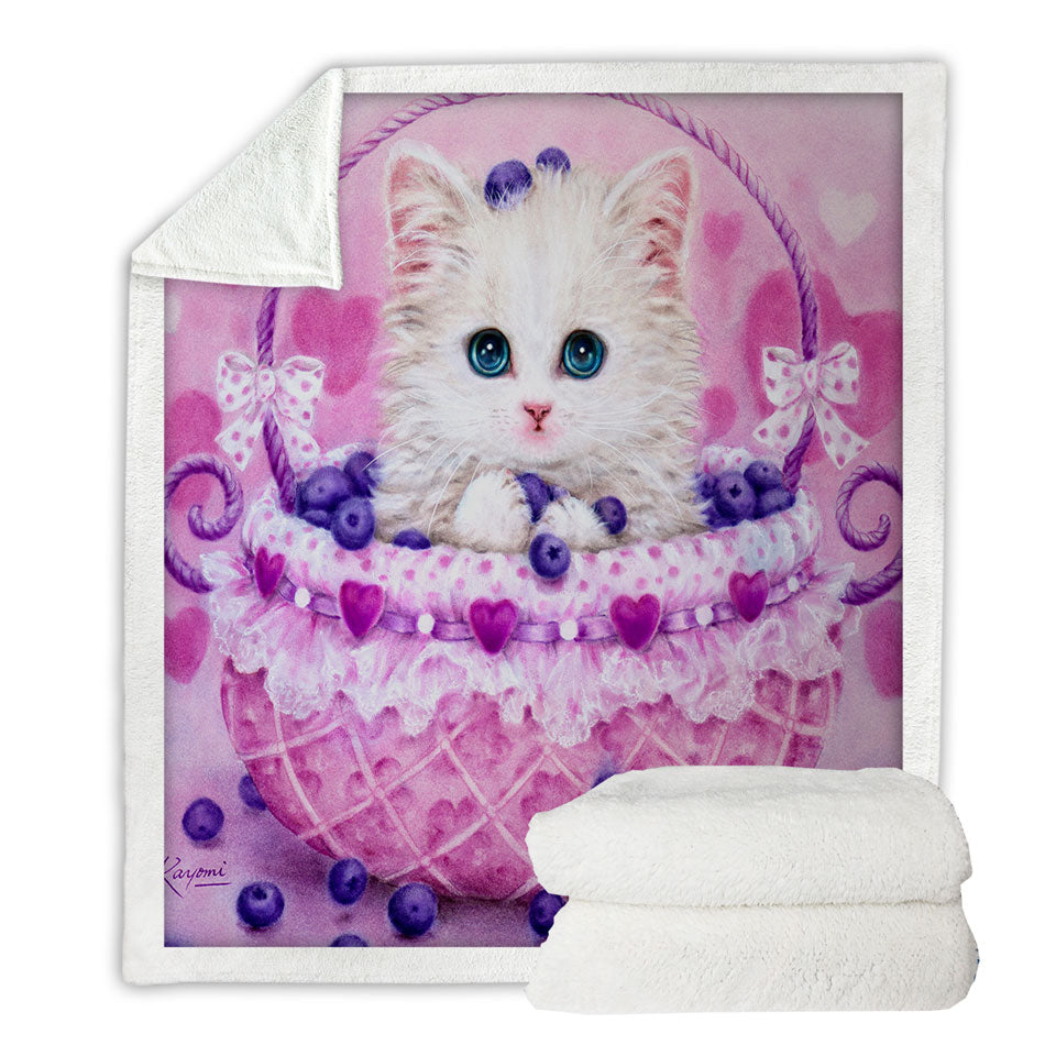 Cute Sherpa Blanket Designs for Girls Kitten in Blueberry Basket