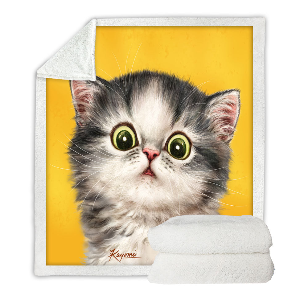 Cute Sherpa Blanket With Confused Kitty Cat over Yellow
