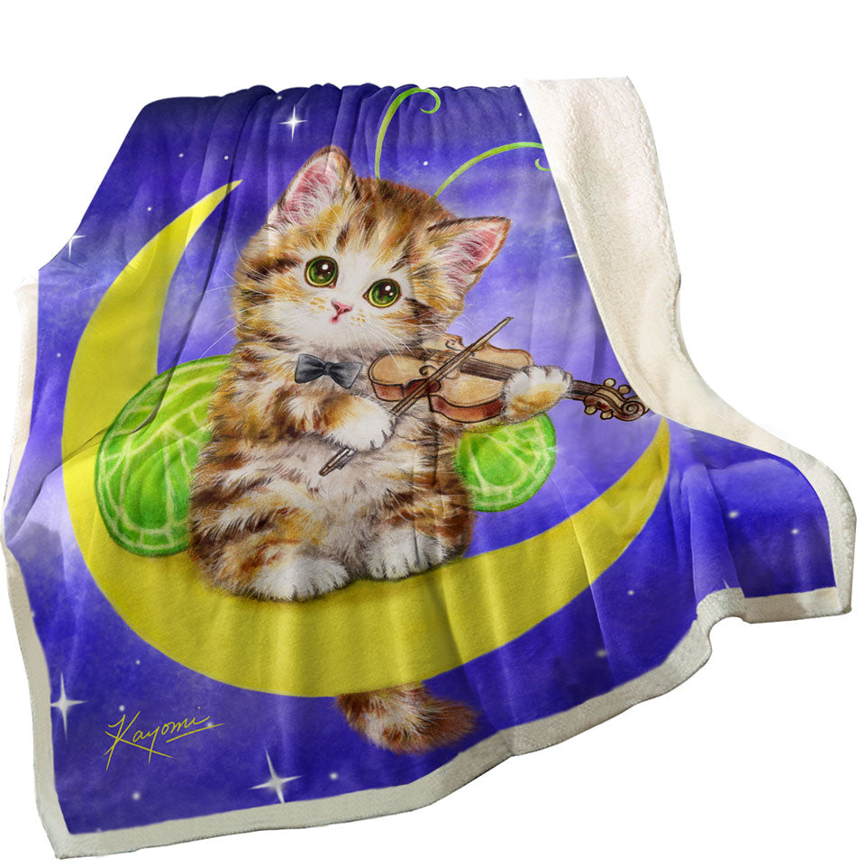 Cute Sherpa Blankets with Fantasy Cats Art Violinist Tabby Kitten