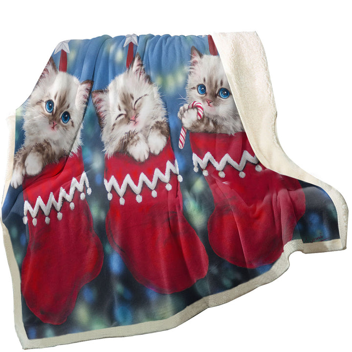 Cute Sherpa Throws with Christmas Design Trio Kittens in Red Socks