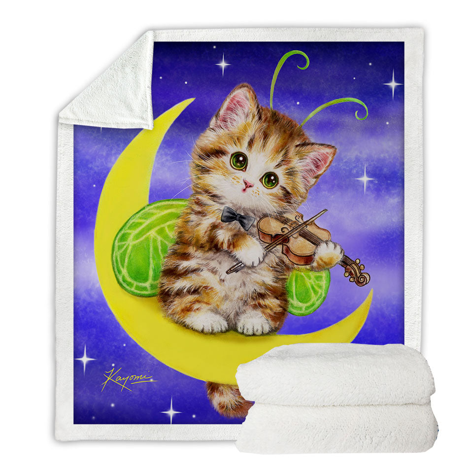 Cute Sherpa Throws with Fantasy Cats Art Violinist Tabby Kitten