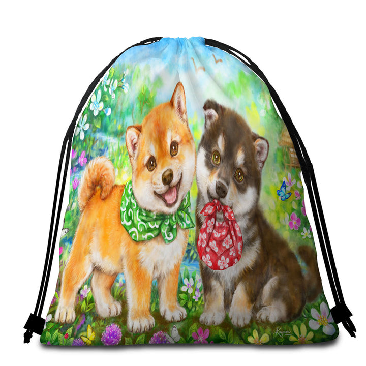 Cute Shiba Inu Dog Puppies Beach Towel Bags Flower Garden