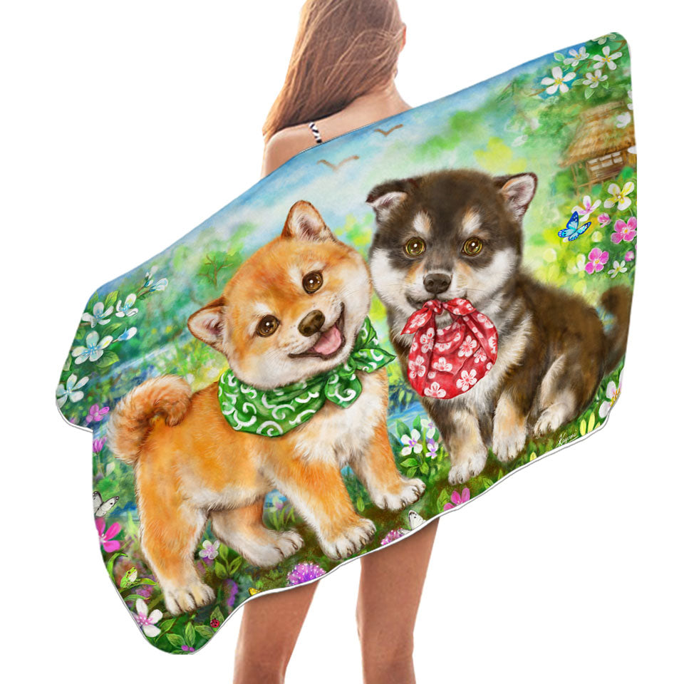 Cute Shiba Inu Dog Puppies Beach Towels Flower Garden