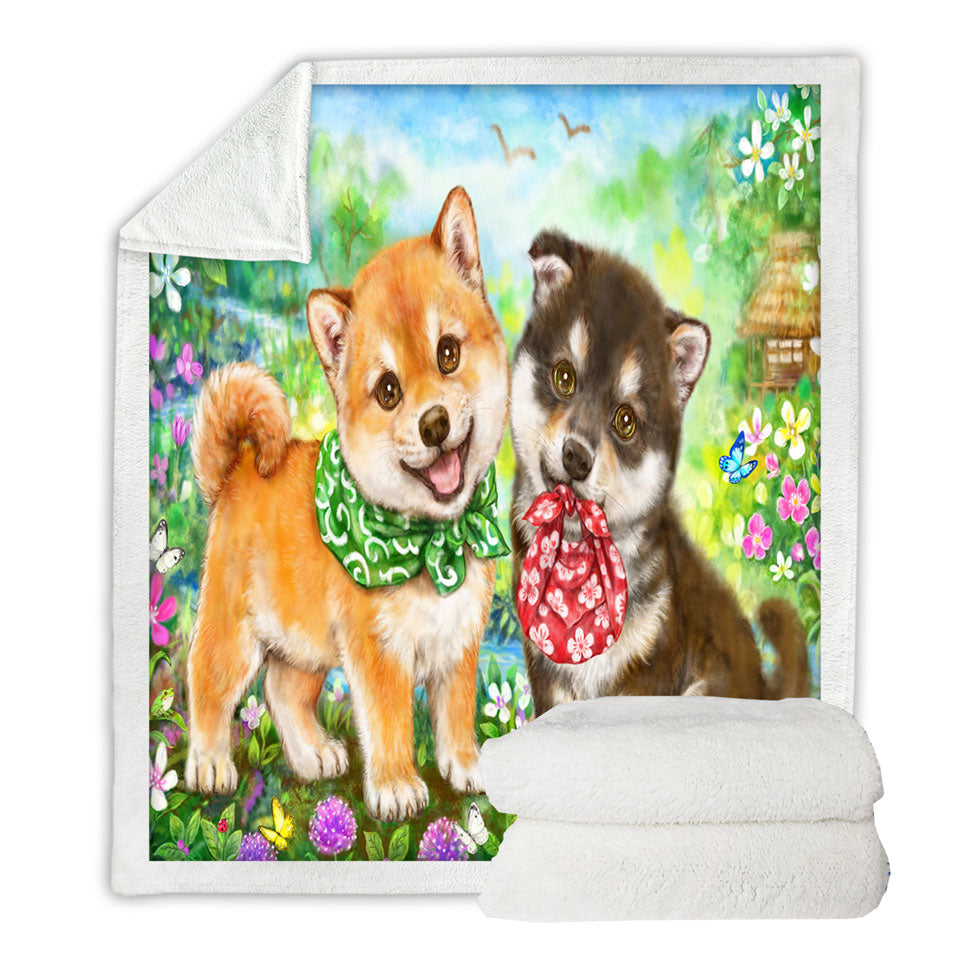 Cute Shiba Inu Dog Puppies Kids Blankets Flower Garden