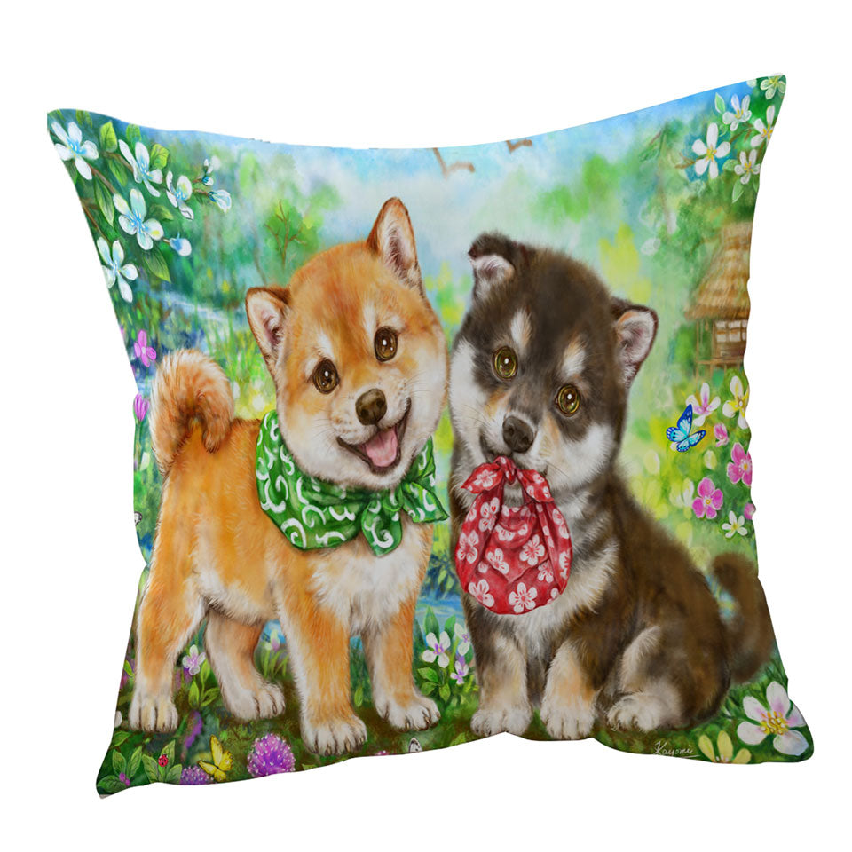 Cute Shiba Inu Dog Puppies Throw Pillows Flower Garden