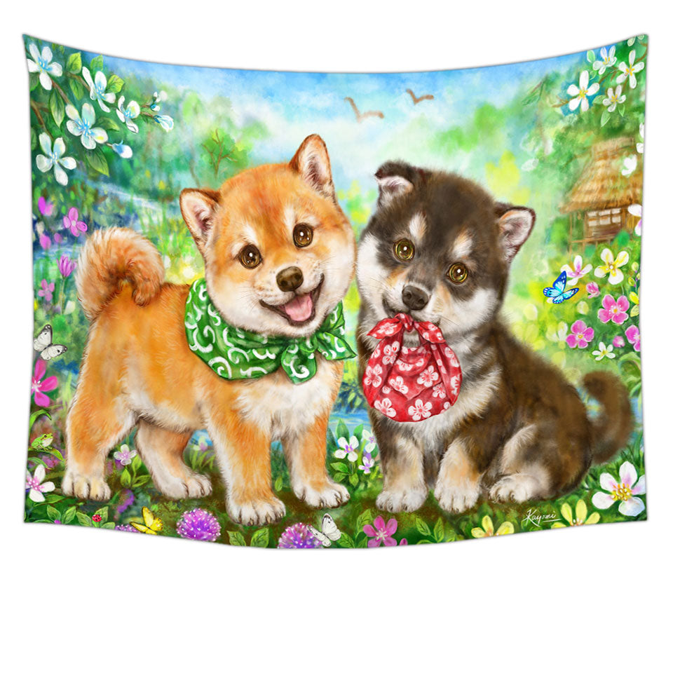 Cute Shiba Inu Dog Puppies Wall Decor Flower Garden
