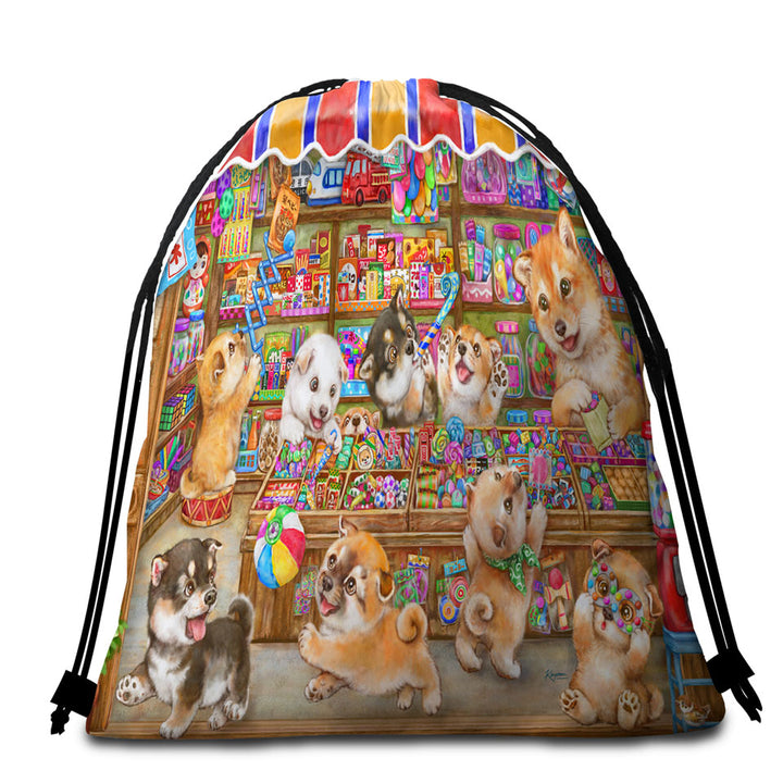 Cute Shiba Inu Dog Puppies in Candy Store Beach Towels and Bags Set