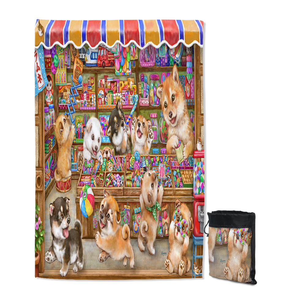 Cute Shiba Inu Dog Puppies in Candy Store Quick Dry Beach Towel