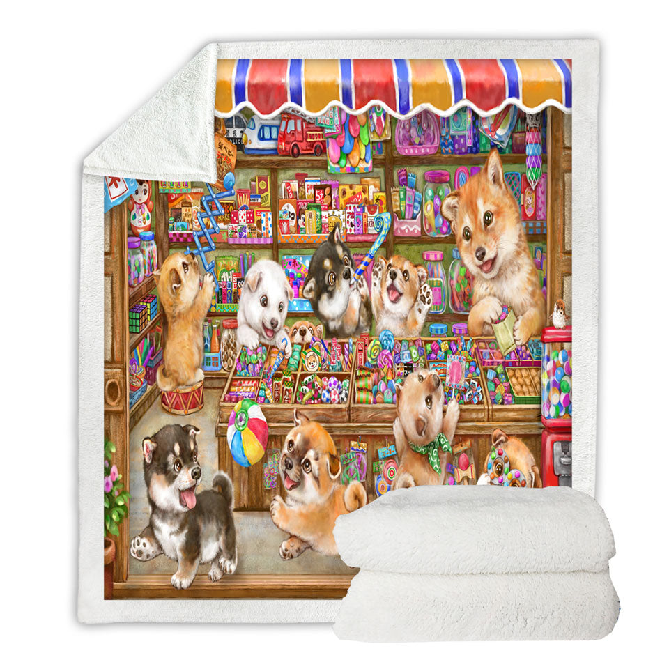 Cute Shiba Inu Dog Puppies in Candy Store Sherpa Blanket
