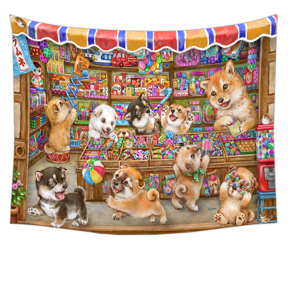 Cute Shiba Inu Dog Puppies in Candy Store Tapestry
