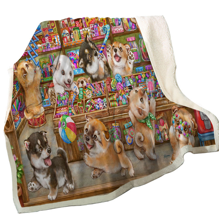 Cute Shiba Inu Dog Puppies in Candy Store Throw Blanket