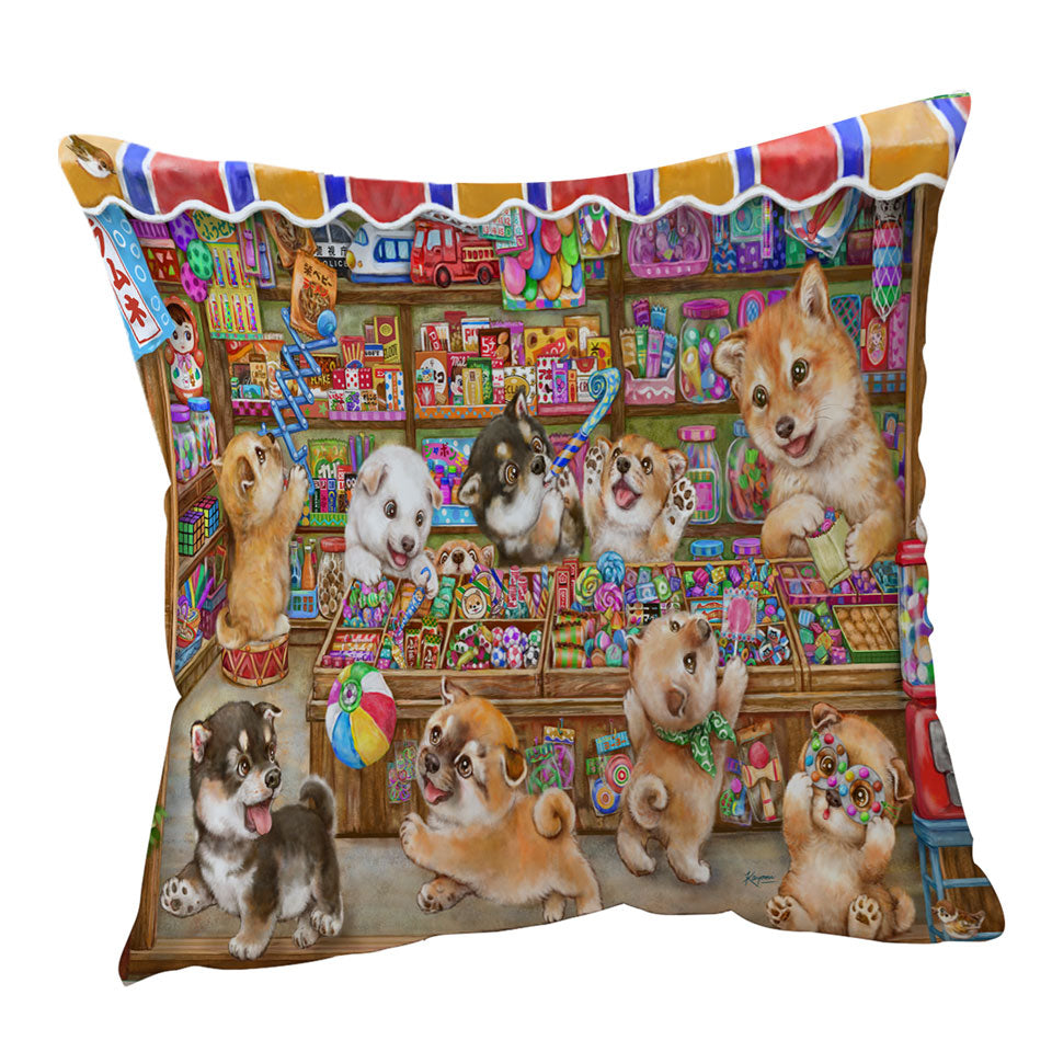 Cute Shiba Inu Dog Puppies in Candy Store Throw Pillow