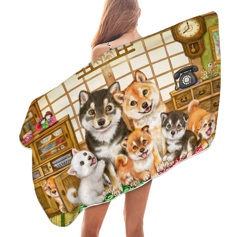 Cute Shiba Inu Dogs Beach Towels and Puppies Family