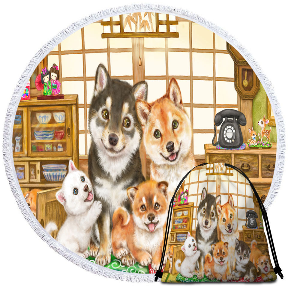 Cute Shiba Inu Dogs Circle Beach Towel and Puppies Family
