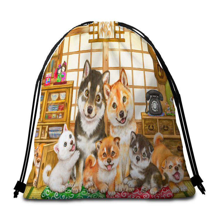 Cute Shiba Inu Dogs Packable Beach Towel and Puppies Family