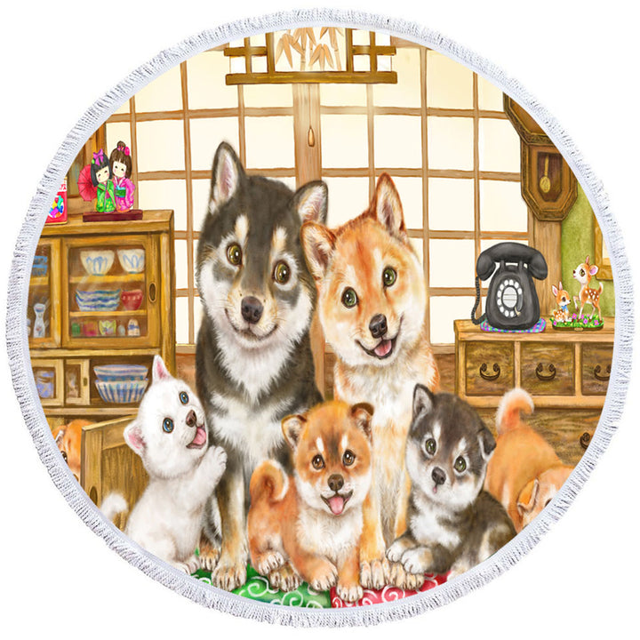 Cute Shiba Inu Dogs Round Beach Towel and Puppies Family