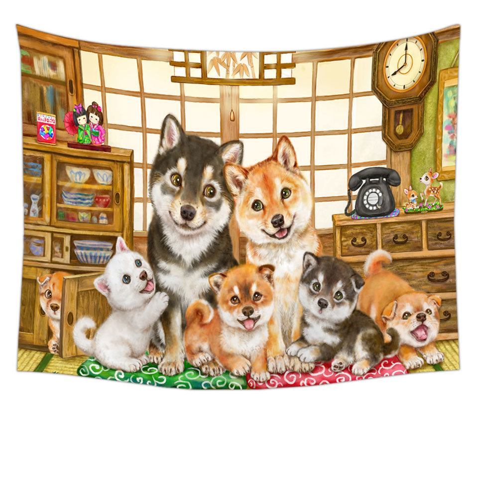 Cute Shiba Inu Dogs Tapestry and Puppies Family