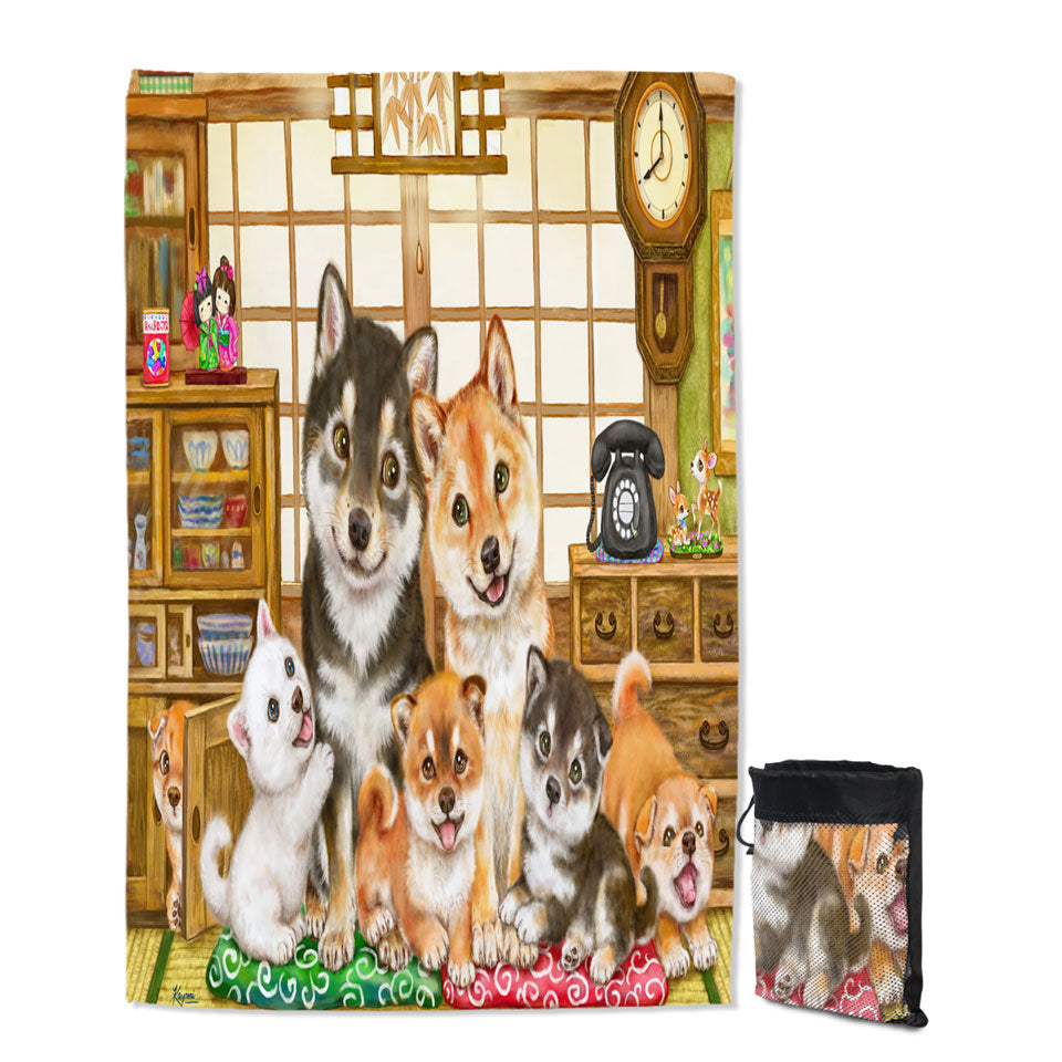 Cute Shiba Inu Dogs Travel Beach Towel and Puppies Family