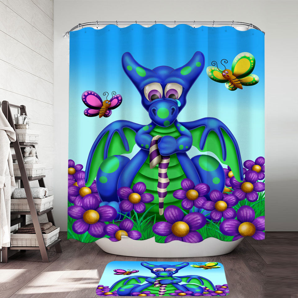 Cute Shower Curtains Online Blue Dragon with Purple Flowers Kids