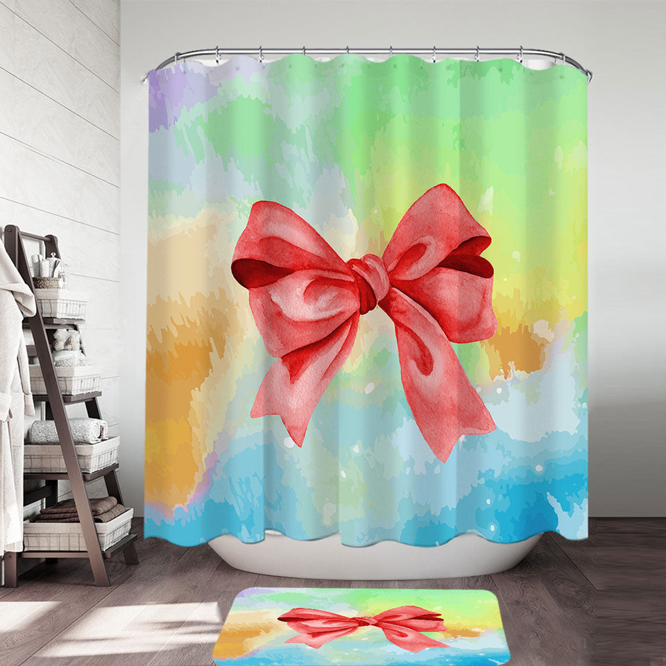 Cute Shower Curtains Red Ribbon over Pastel Colors