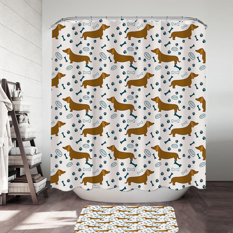 Cute Shower Curtains with Dog Food Bowl Paw Bone and Dachshund