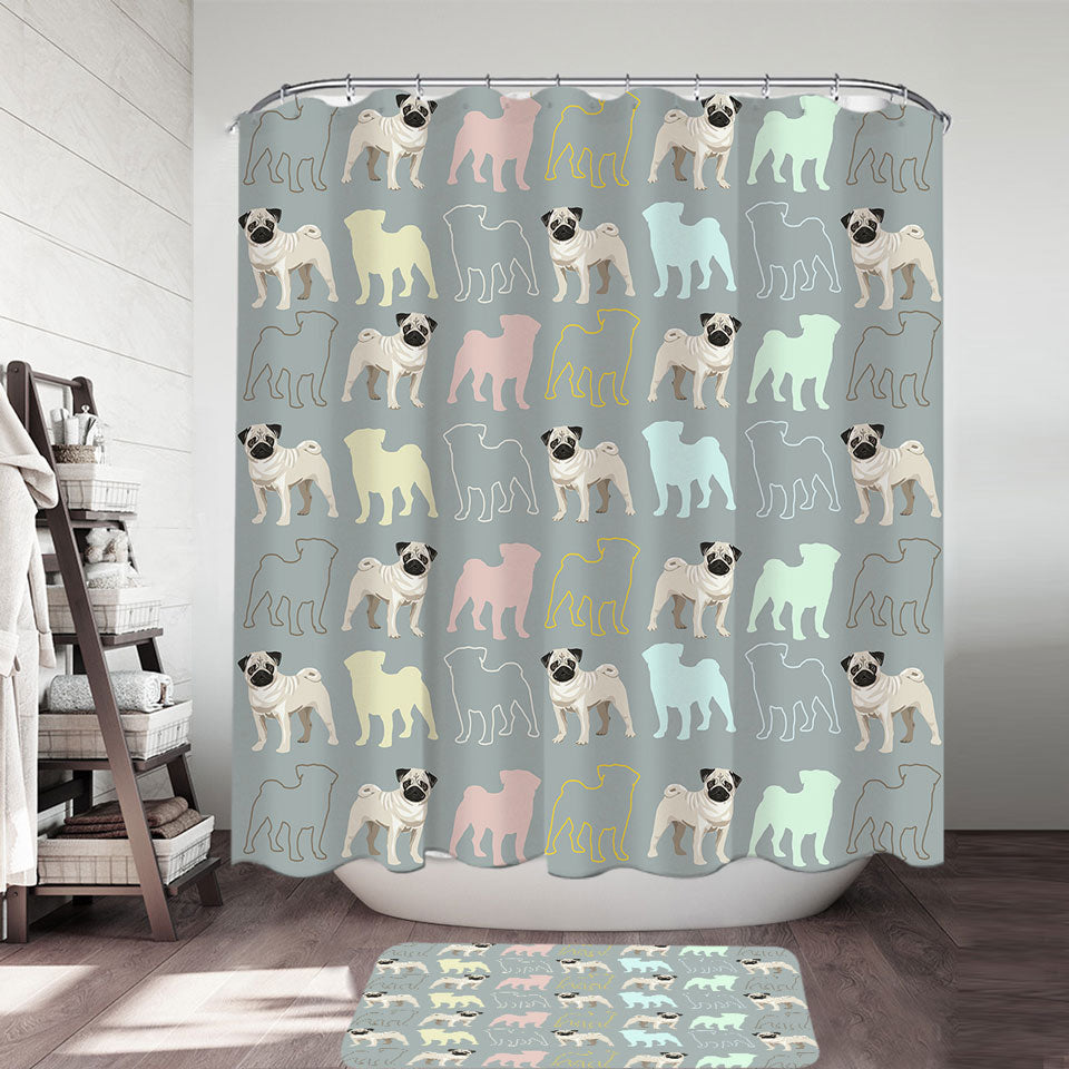 Cute Shower Curtains with Pug and Pugs Multi Colored Silhouettes