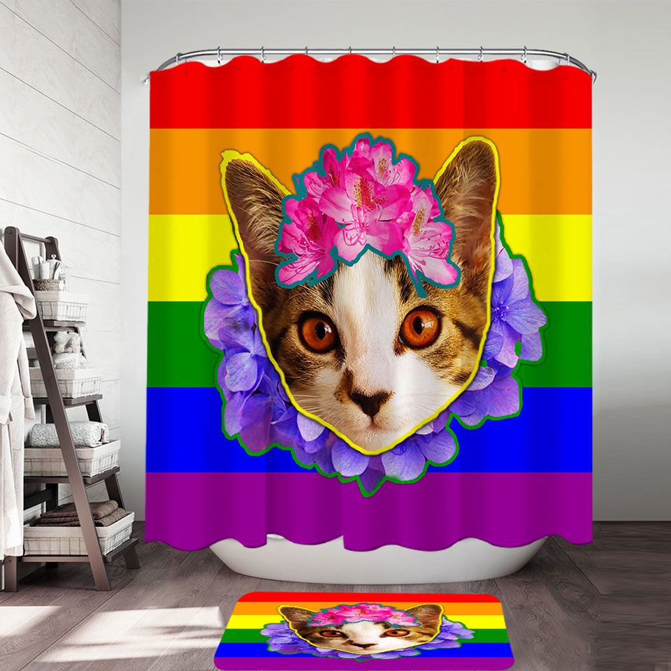 Cute Shower Curtains with Rainbow Flag Adorable Flowery Kitten