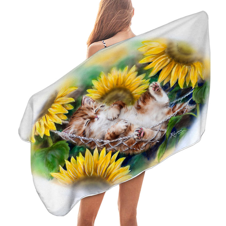 Cute Sleeping Ginger Kitten Sunflower Beach Towels