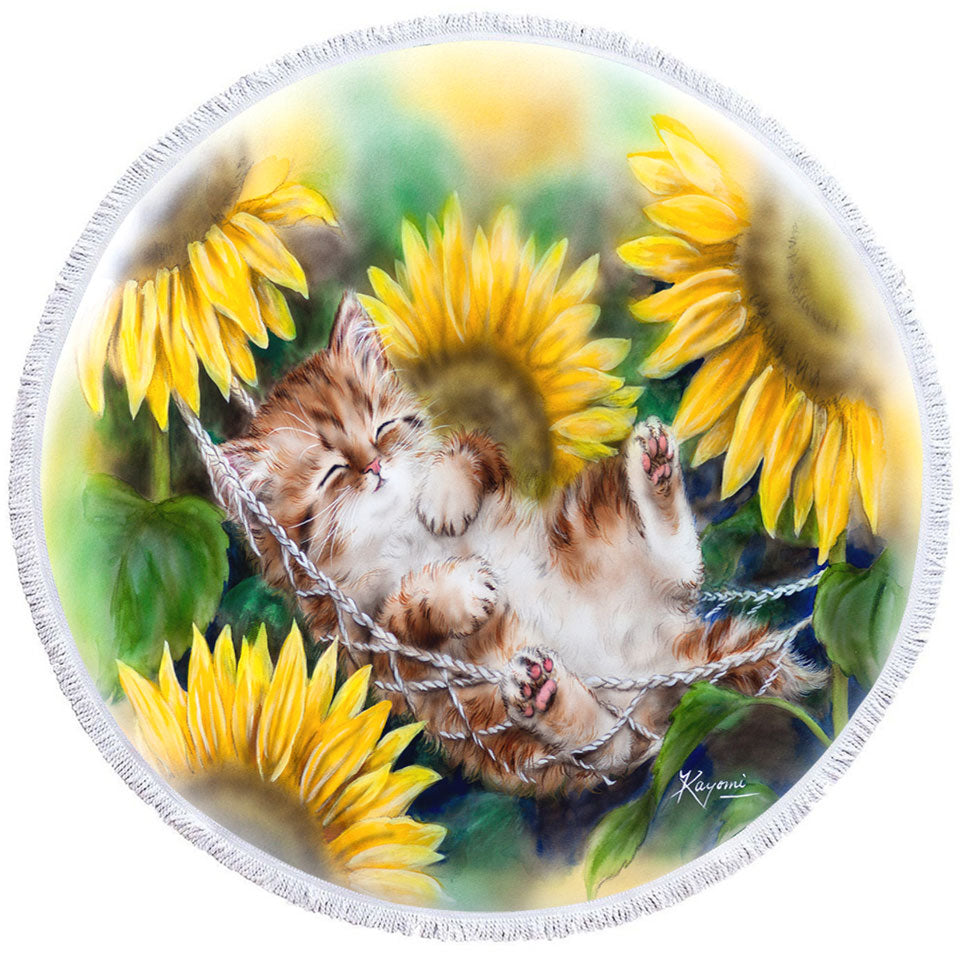Cute Sleeping Ginger Kitten Sunflower Microfiber Beach Towel