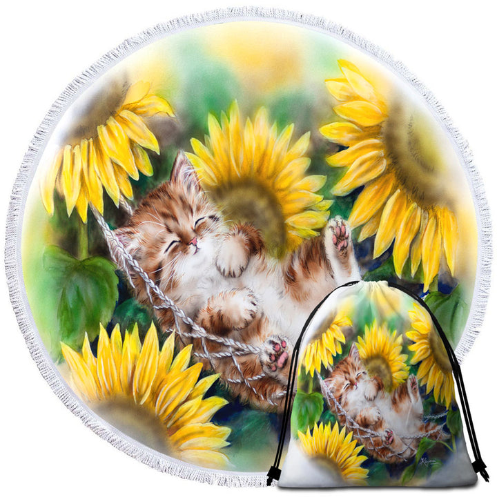 Cute Sleeping Ginger Kitten Sunflower Round Beach Towel