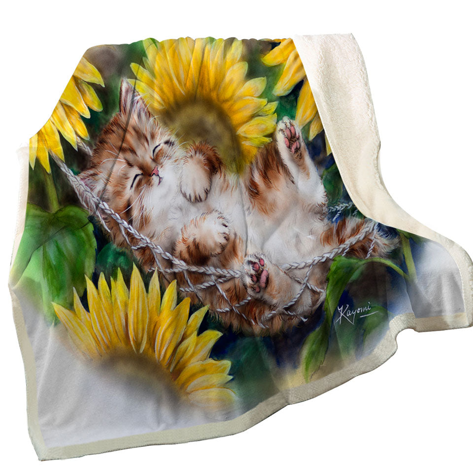 Cute Sleeping Ginger Kitten Sunflower Sherpa Blanket