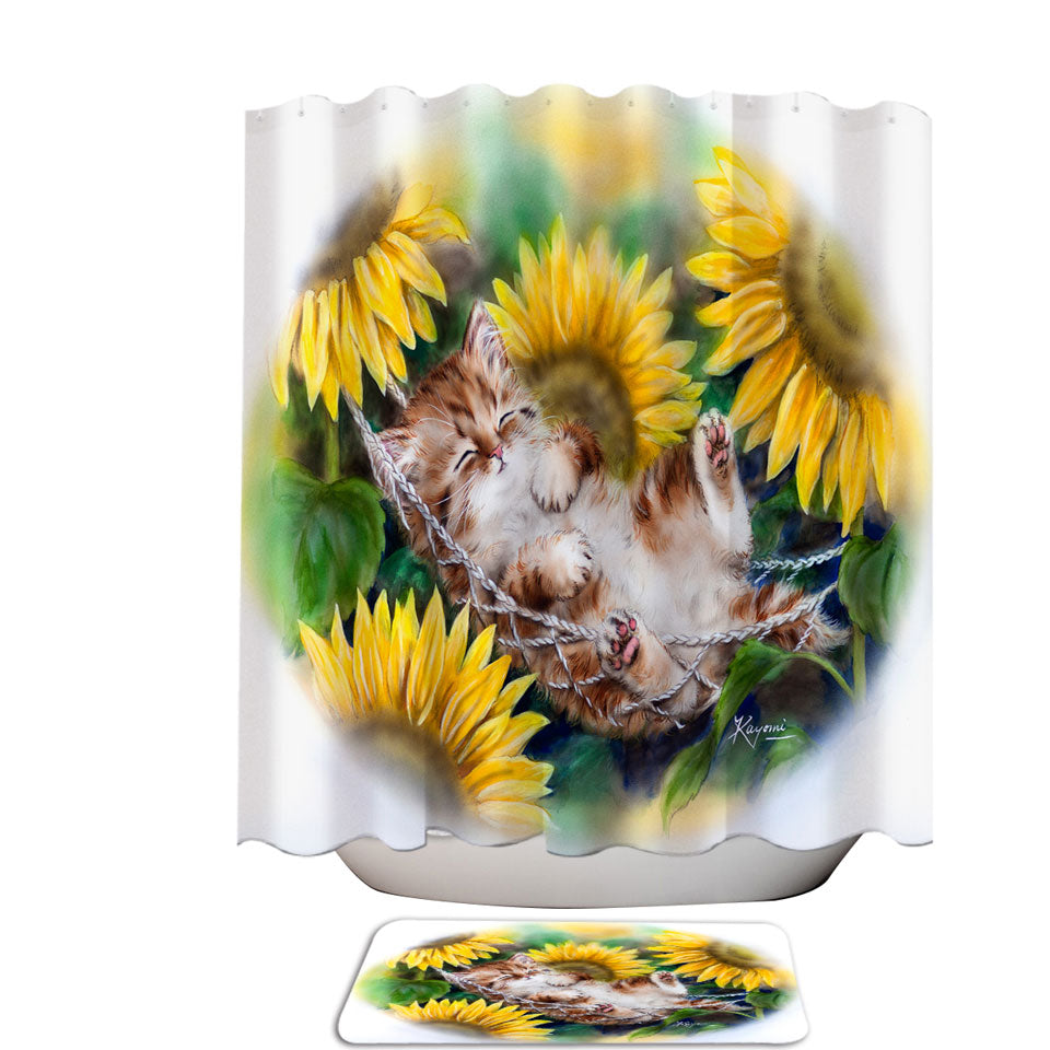 Cute Sleeping Ginger Kitten Sunflower Shower Curtain