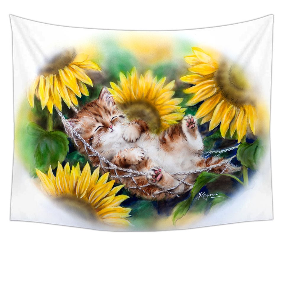 Cute Sleeping Ginger Kitten Sunflower Tapestry