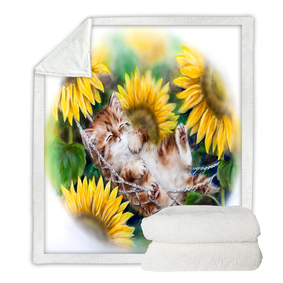 Cute Sleeping Ginger Kitten Sunflower Throw Blanket