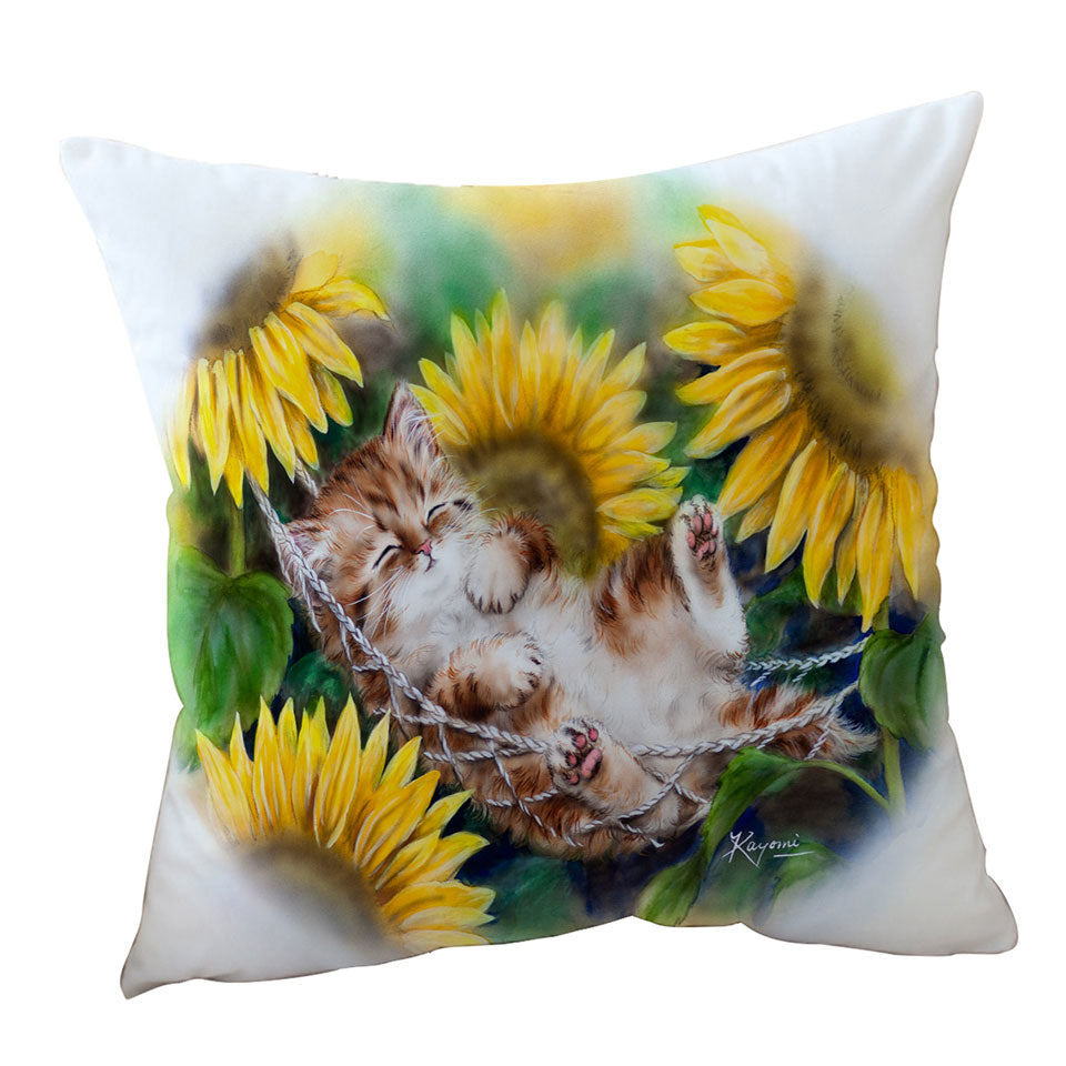 Cute Sleeping Ginger Kitten Sunflower Throw Pillow