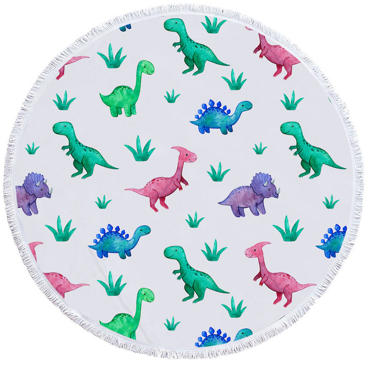 Cute Smiling Dinosaurs Round Beach Towel for Children