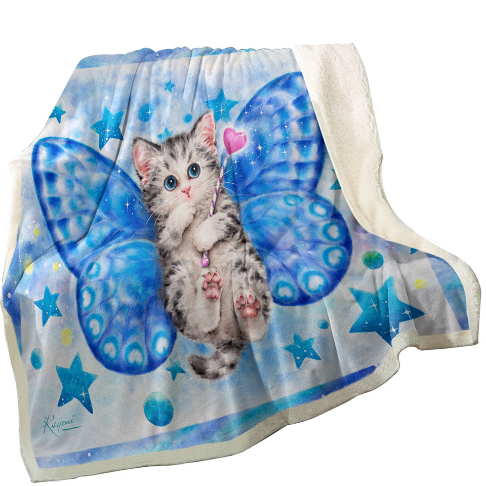Cute Sofa Blankets and Throws with Kitten Designs Blue Butterfly Kitty Cat
