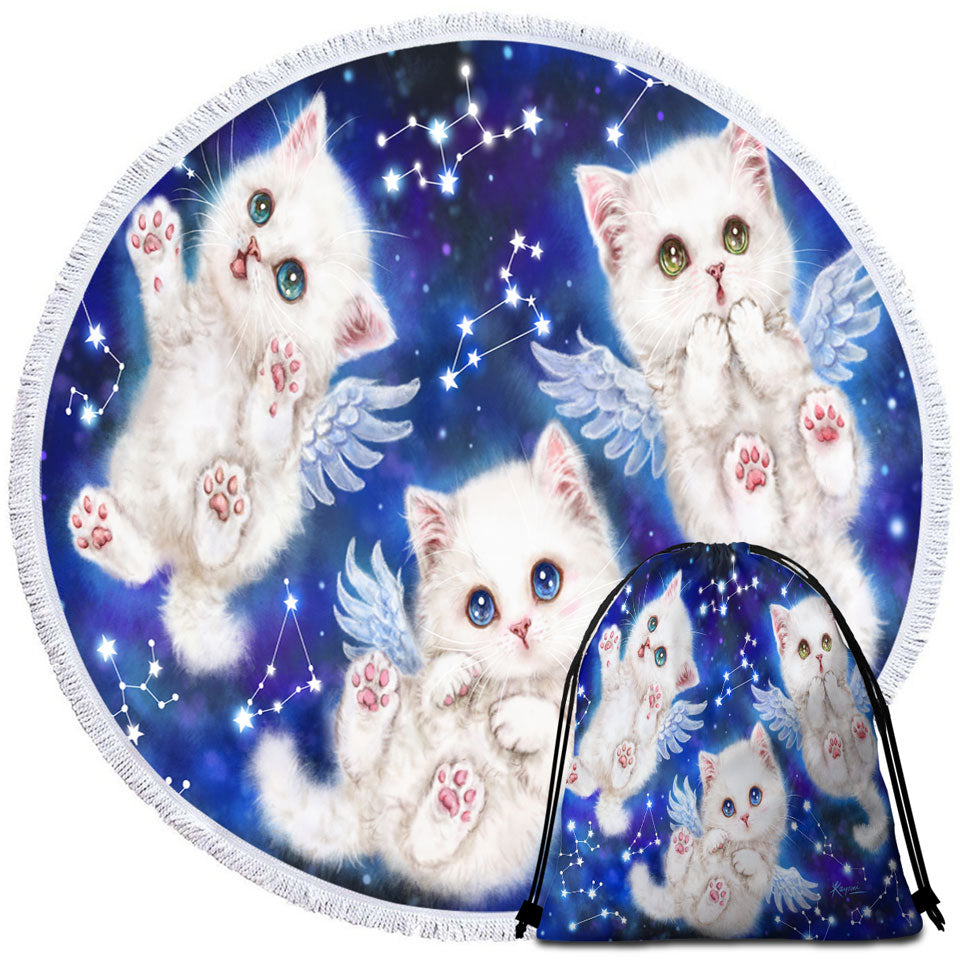 Cute Star Angels White Kitty Cats in Space Beach Bags and Towels