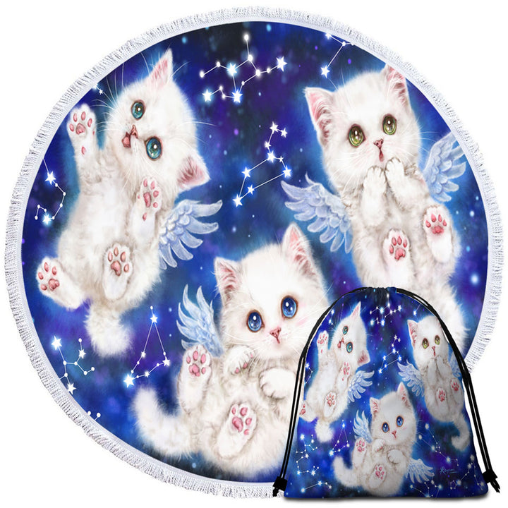Cute Star Angels White Kitty Cats in Space Beach Bags and Towels