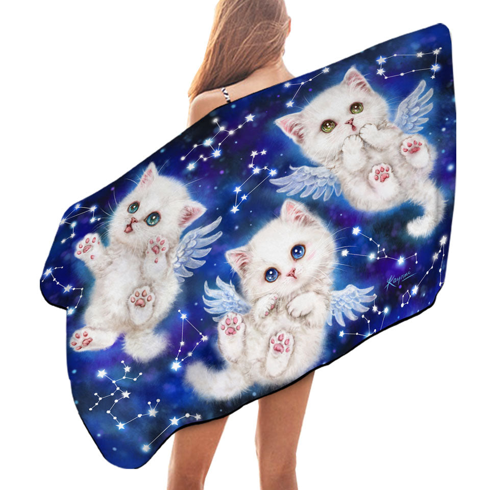 Cute Star Angels White Kitty Cats in Space Beach Towels