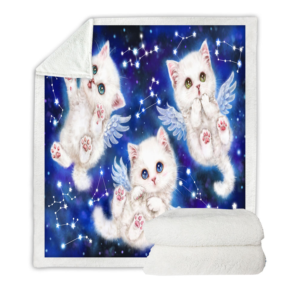 Cute Star Angels White Kitty Cats in Space Sherpa Blankets