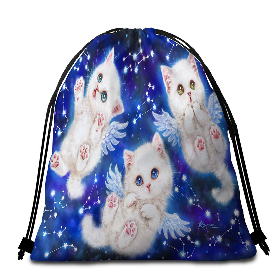 Cute Star Angels White Kitty Cats in Space Travel Beach Towel