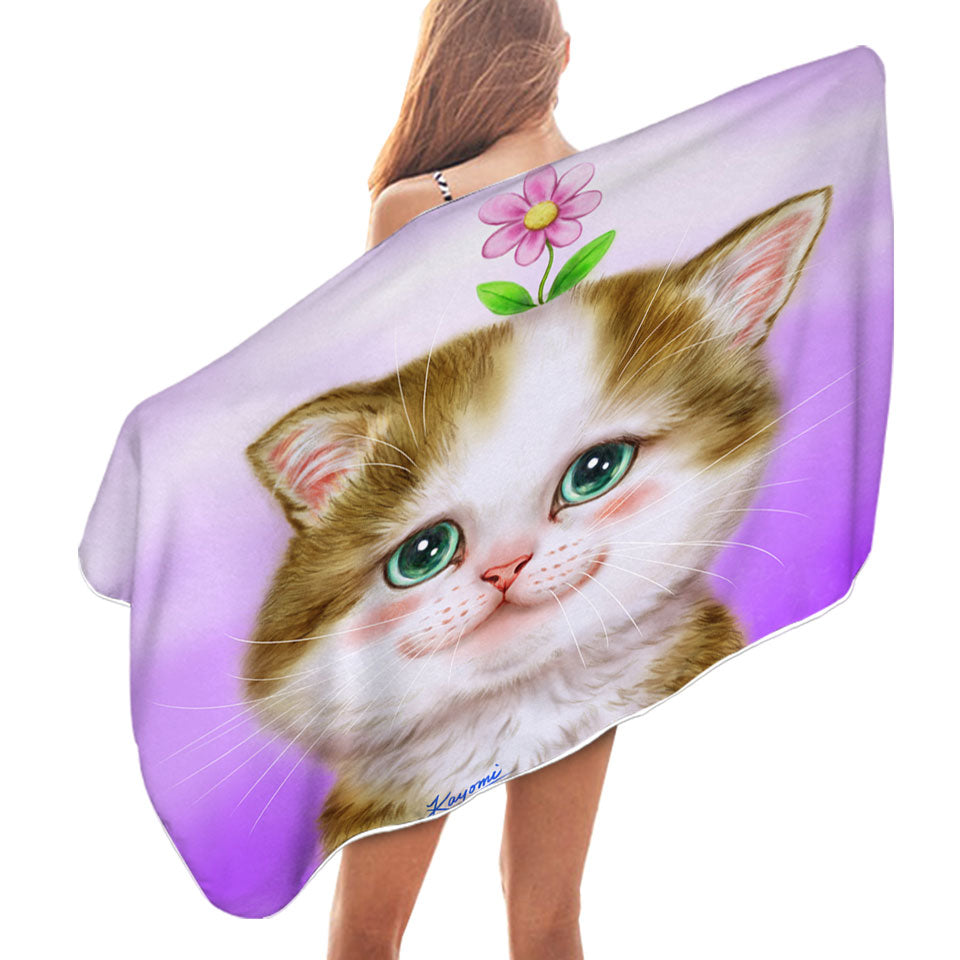 Cute Swims Towel Cats Prints Blushing Sweet Flower Kitten