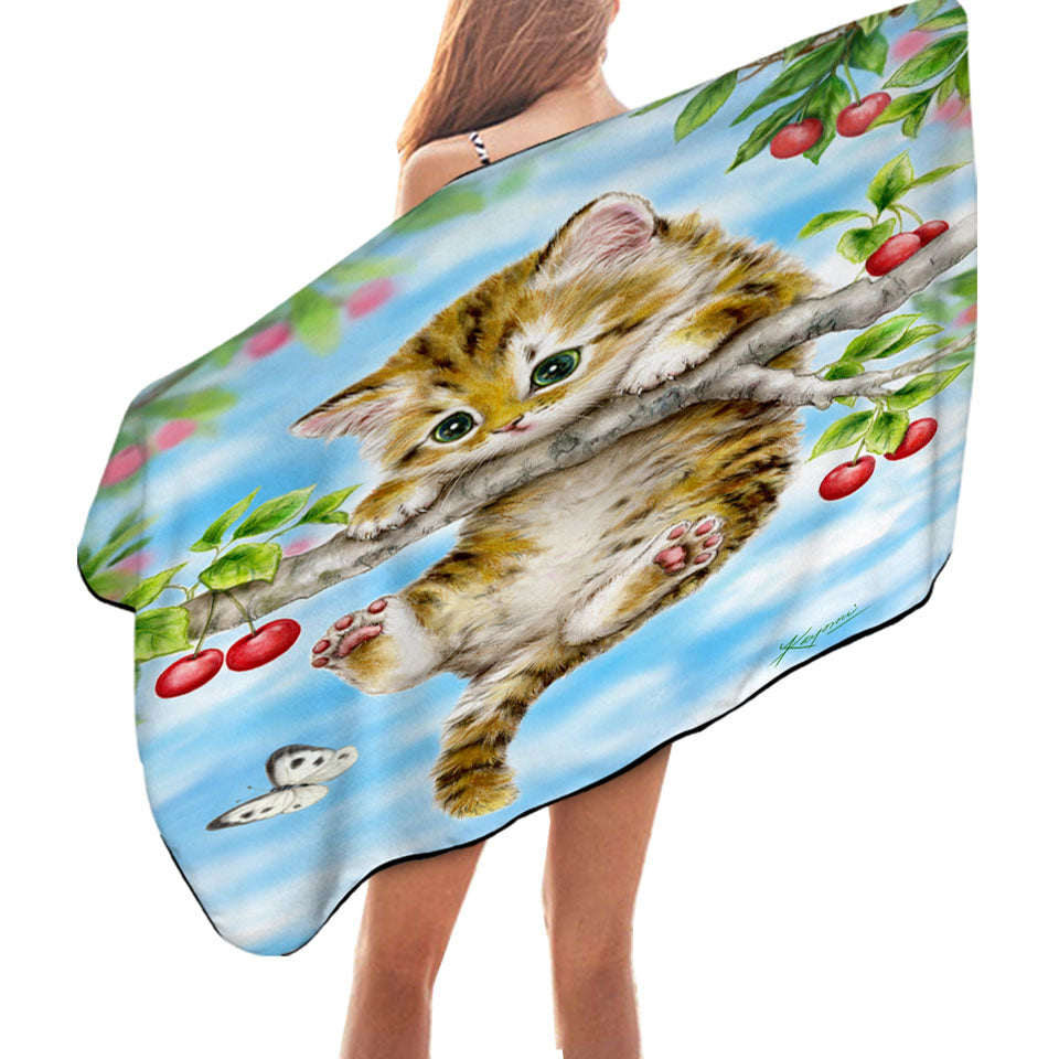 Cute Tabby Kitten Cat on a Cherry Tree Beach Towel