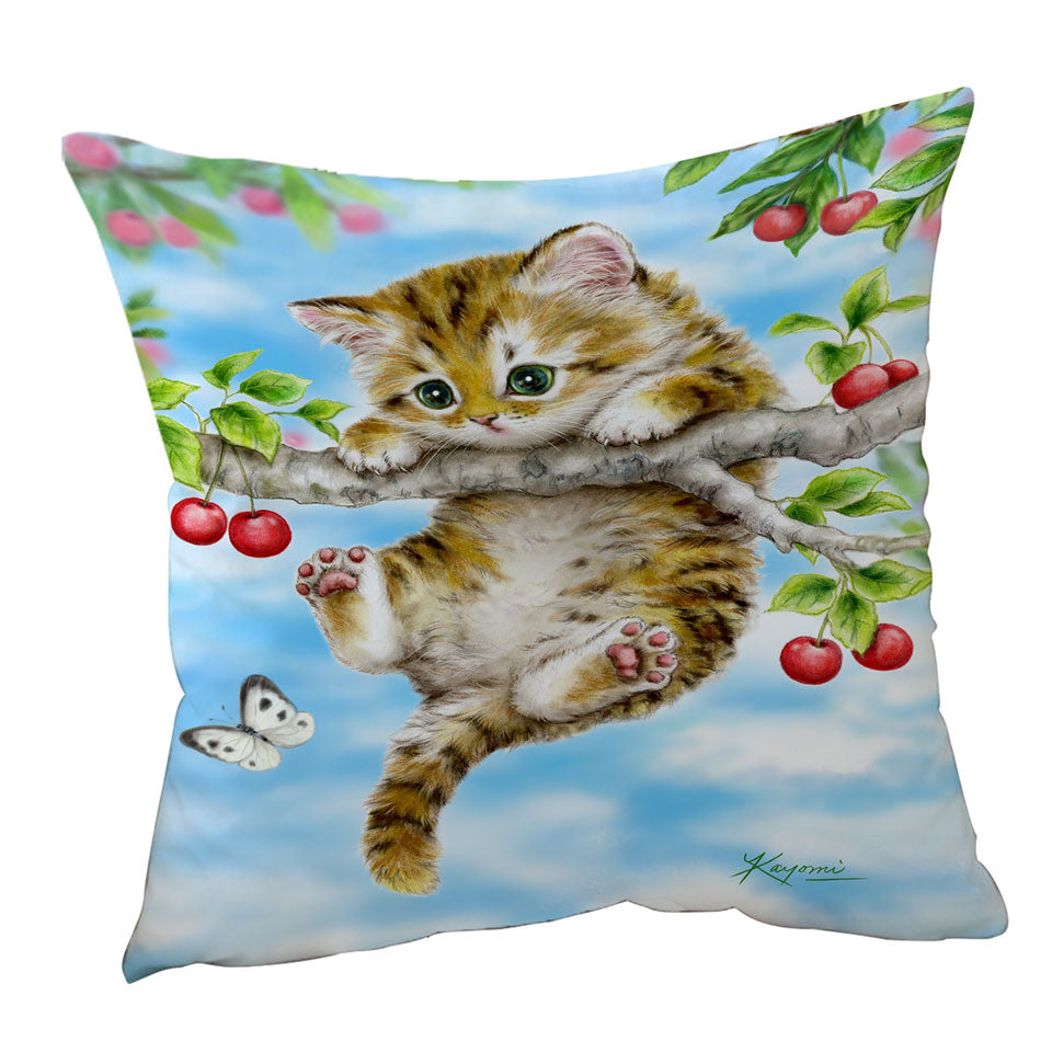 Cute Tabby Kitten Cat on a Cherry Tree Cushion Cover