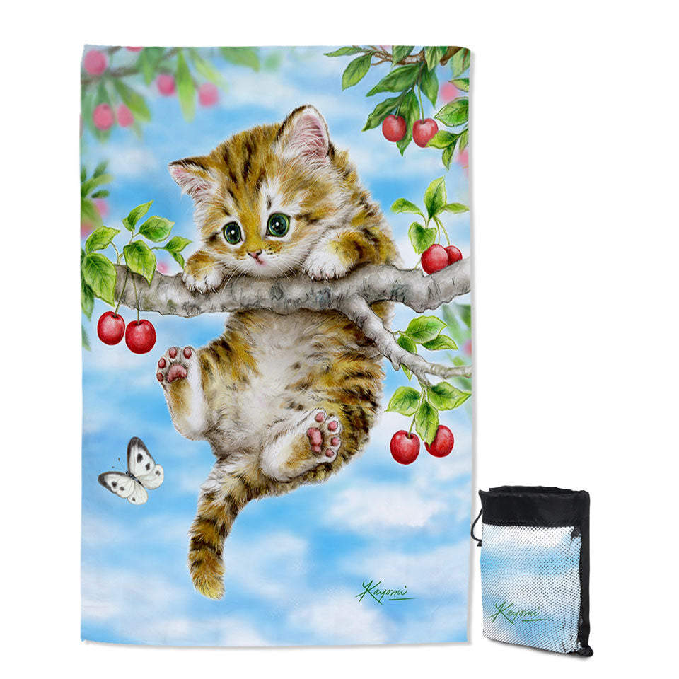 Cute Tabby Kitten Cat on a Cherry Tree Lightweight Beach Towel