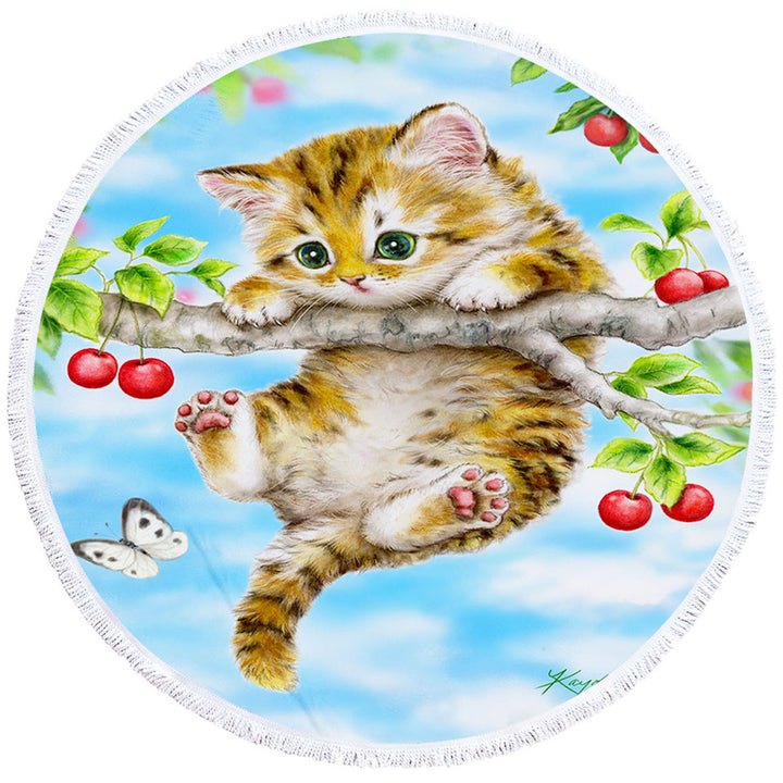 Cute Tabby Kitten Cat on a Cherry Tree Round Beach Towel