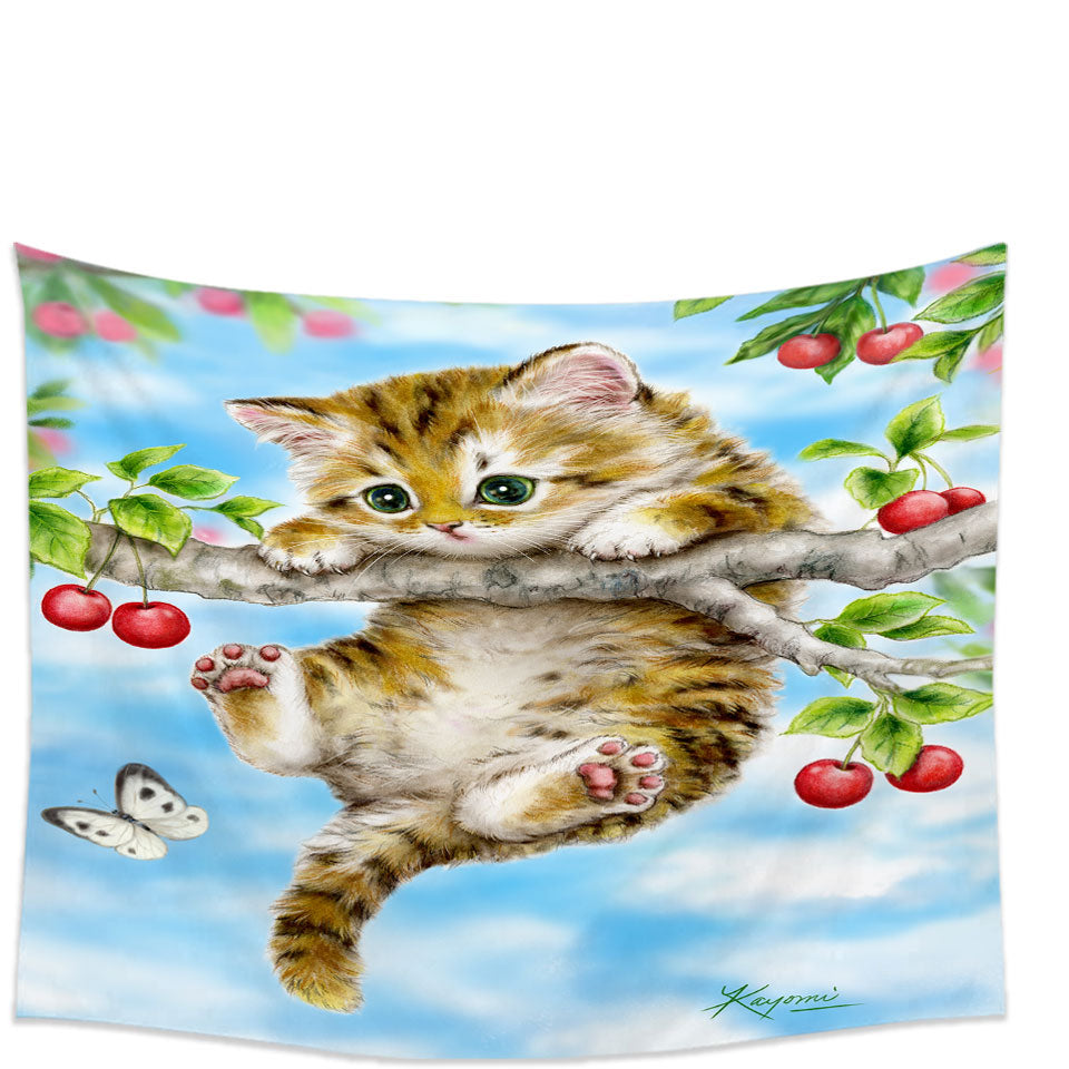 Cute Tabby Kitten Cat on a Cherry Tree Tapestry
