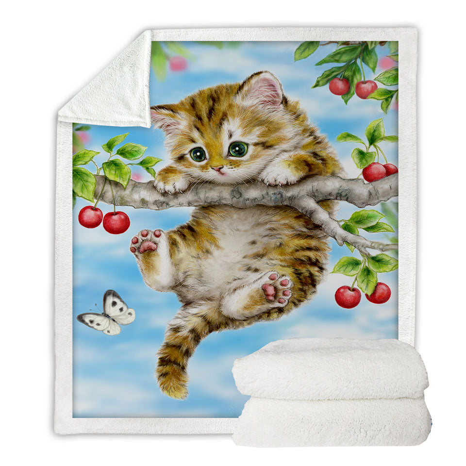 Cute Tabby Kitten Cat on a Cherry Tree Throw Blanket