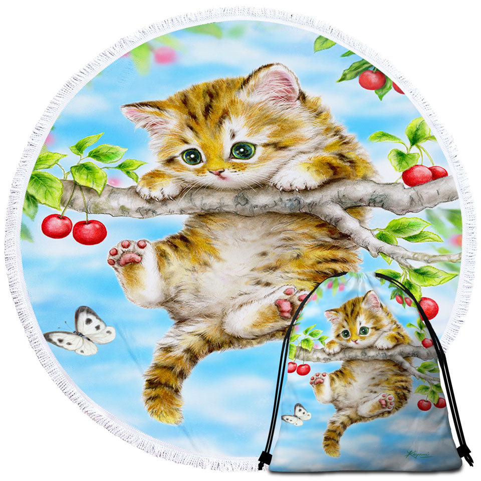 Cute Tabby Kitten Cat on a Cherry Tree unique Beach Towels